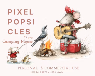 Camping Mouse Clipart, Watercolor Camper PNG, Cute Woodland Animal, Fishing Mouse Art, Sublimation Design, Digital Download, 33 PNG
