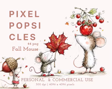 Fall Mouse Clipart, Cute Autumn Mice PNG, Watercolor Woodland Animal, Whimsical Harvest Art, Sublimation Design, Digital Download, 44 PNG