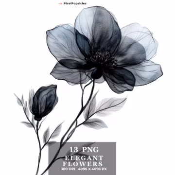 13 Black Flowers Clipart, Printable Watercolor PNG, Digital Download for Junk Journals & Paper Crafts