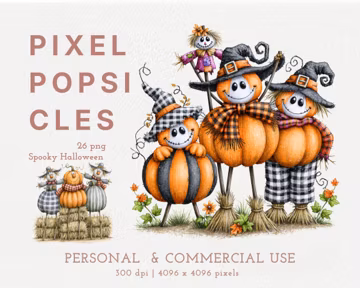 Spooky Halloween Clipart, Cute Pumpkin PNG, Fall Scarecrow Art, Watercolor Witch Pumpkin, Sublimation Design, Digital Download