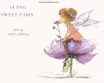 Sweet Fairy Clipart Set - Whimsical Watercolor Illustrations PNG Digital Download for Scrapbooking & Crafts