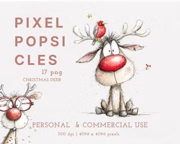 Funny Christmas Deer Clipart, Whimsical Rudolph Watercolor PNG, Holiday Sublimation Design