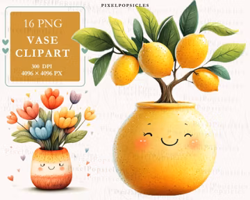 Vase Clipart Bundle: Adorable Flowers, Fruit Branches PNG (Digital Download)