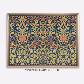 William Morris Floral Textile Wall Art, Victorian English Pattern Printable, Vintage Botanical Poster, Blue Gold Home Decor Digital Download