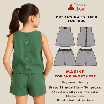 Maxine top and shorts set - PDF sewing pattern for kids | Beginner friendly digital pattern for girls | Size 12 months to 14 years old