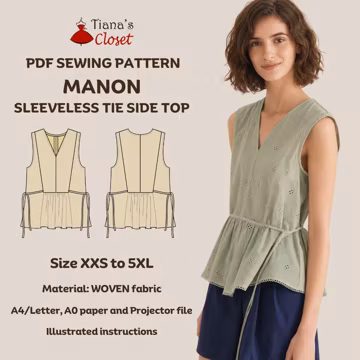 Manon Tie Side Top PDF Sewing Pattern | Beginner friendly digital sewing pattern for women | Printable PDF sewing pattern | Size XXS - 5XL