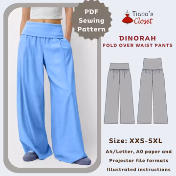 Dinorah Wide Leg Pants Sewing Pattern: Fold Over Waist (XXS-5XL) (Instant Download PDF Pattern)