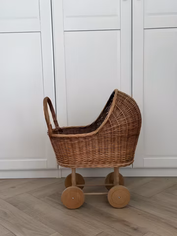 natural wicker baby carriage on wheels handmade rattan bassinet rustic doll pram toy storage basket baby shower gift wicker doll stroller