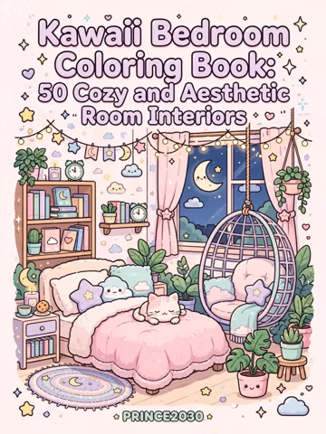 Kawaii Bedroom Coloring Book: Cozy Hygge Room Interiors, Boho Decor (Digital Download)