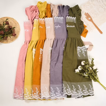 Personalized Embroidered Apron for Women, Lace Adorable Cotton Apron with Pockets, Garden Baking Pinafore