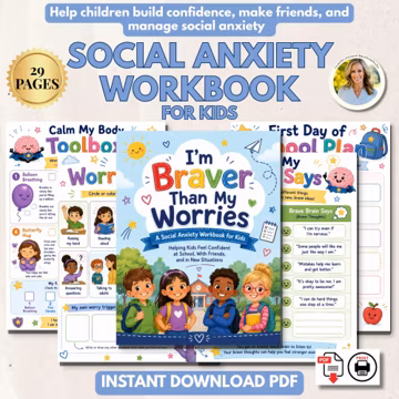 Social Anxiety for Kids, Managing Kids CBTAnxiety Workbook Coping Skills, Therapy Worksheets for kids back to school anxiety coping skills