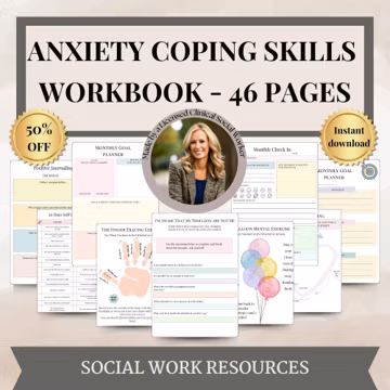 Anxiety CBT Workbook Digital or Printable Worksheets for Worry Stress Panic Coping Skills,Self-Help Anxiety Worksheets,Mental Health Therapy