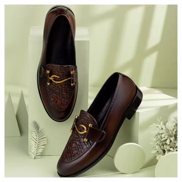 Handmade Woven Leather Loafers, Brown Slip Ons, Gold Tone Horsebit, Office Ready