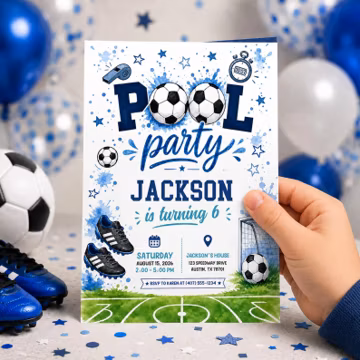 Boy Soccer Pool Birthday Party, Soccer Pool Party Invitation, Pool Party Birthday Invite, Sports Summer Birthday Invitation Instant Download