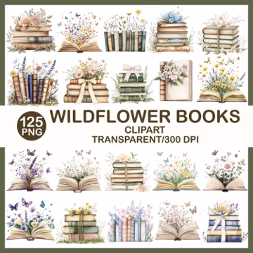 Wildflower Books Watercolor Clipart Bundle, Cottagecore Book Stack (125 PNG) (Digital Download)