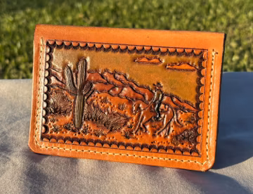 Hand Tooled Mini Roper Wallet, Superstition Mountains, Arizona, Original Art.