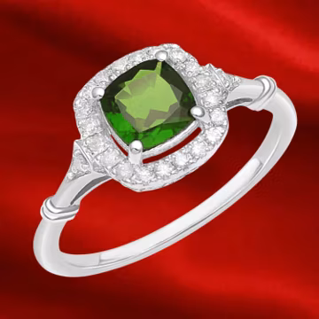 Emerald Halo Ring: Cushion Cut Diamond, 14K White Gold Plated Sterling Silver