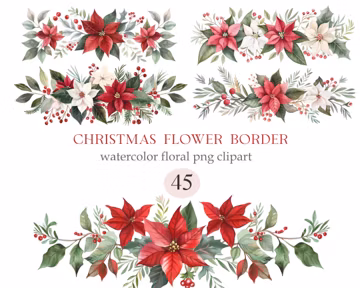 Christmas Flower Border PNG, Watercolor Poinsettia Clipart, Digital Download