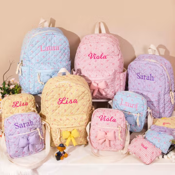 Personalized Quilted Embroidered Bow Backpack Set, 3-Piece Student Backpack Lunch Bag Pencil Case