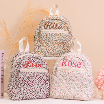 Personalized Floral Cotton Mini Backpack for Adults, Adjustable Straps, Embroidery Name Girls School Bag