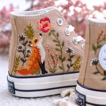 Custom Fox Embroidered Sneakers,1970s Converse Chuck Taylor,Converse Custom Pet/Animal Embroidery Gift
