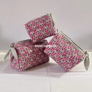 Floral Block Printed Quilted cosmetic pouch set | Cosmetic and Toiletry Storage | Bath & Beauty | Kits Travel Cases | Waterproof Bag