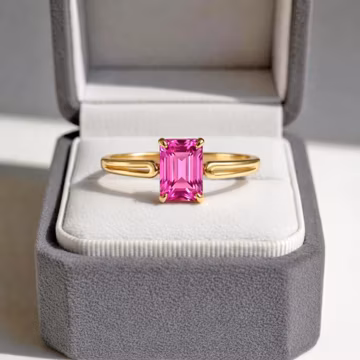 Emerald Cut Pink Sapphire Engagement Ring, Lab Created Solitaire Ring, Minimalist Split Shank Promise Ring, September Birthstone Gift