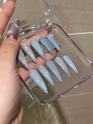 Rainbow Glitter cat eye gel Press On Nails: Baby Blue Pointy Glossy stiletto Nails