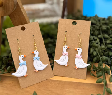 Handmade Polymer Clay Goose Earrings: Funny Earrings / Porch Goose Earrings / Goose in Bow tie Earrings / Spring Earrings