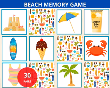 beach Memory Game,summer memory card,beach Memory Match,Beach Party Activity,summer Matching Game,beach preschool activity,summer montessori