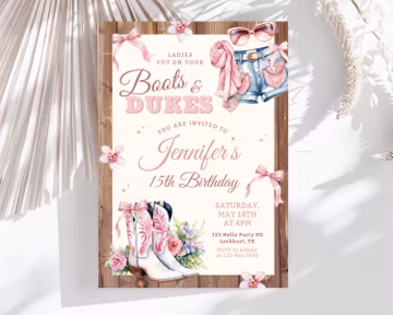 Boots and Dukes Birthday Invitation, Pink Bow Western Coquette Cowgirl Party, Editable Canva CP14