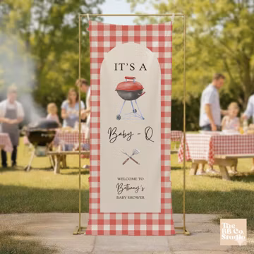 BaBy-Q Baby Shower Sign, Linen Baby Shower Banner, BBQ Baby Grill Shower Decorations Red Gingham 4th of July Baby Shower Tapestry