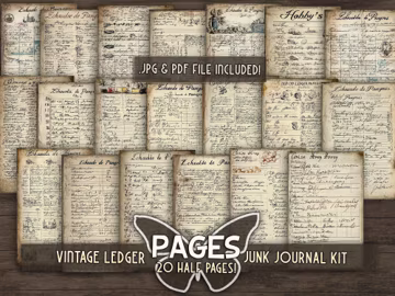 Vintage ledger papers printable Old journal half pages Digital antique scrapbook papers Rustic journal backing page Printful junkjournal kit