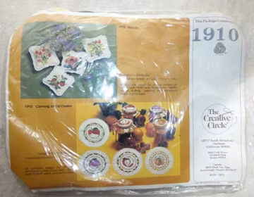 1980s Creative Circle Embroidery Kit 1910 Canning Jar Lid Covers 7.5" Vintage