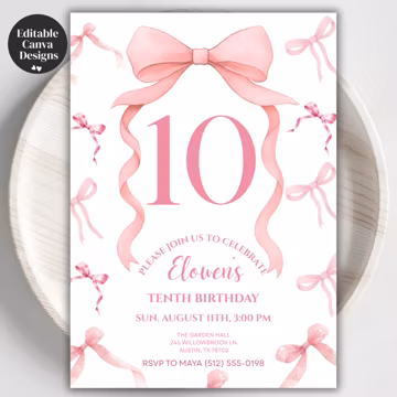 Coquette Pink Bow Birthday Invitation, Editable Template for Girls Party, 10th Birthday Printable Invite, Instant Canva Download