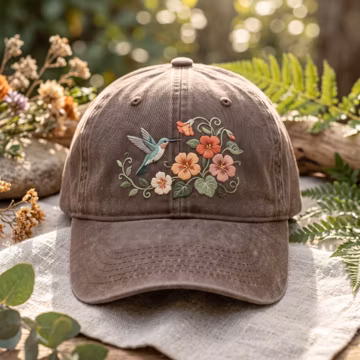 Embroidered Floral Hummingbird Hat, Animal Lover Cap, Bird Hats, Gift For Her, Bird Lovers