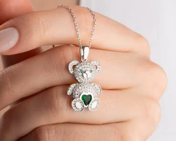 Dainty Teddy Bear Necklace, Emerald Heart, 925 Sterling Silver