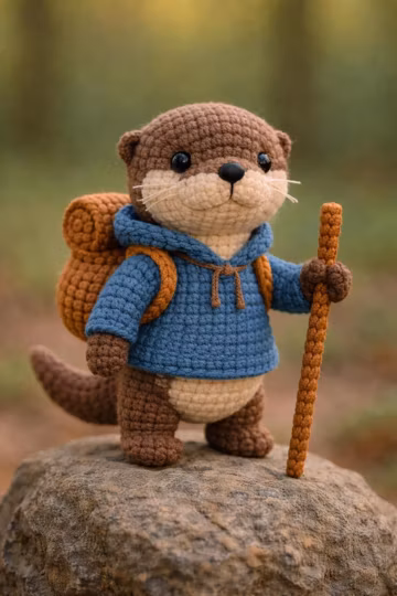 Tiny Explorer Otter Plush – Handmade Crochet Hiking Otter with Backpack & Walking Stick, Cozy Woodland Gift, Kawaii Amigurumi – HookedByLia