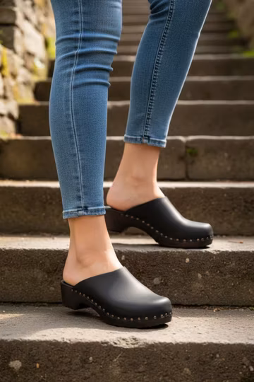 Black Clogs for Women: Wooden Clogs with Nubuk Leather and Studs, Platform Slides Mules