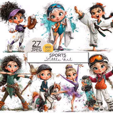 27 Little Sports Girl Clipart Bundle, Athlete Kid Jpeg, Ballet Dancer Girl Graphics, Horse Rider Clipart, Sports Child Illustration