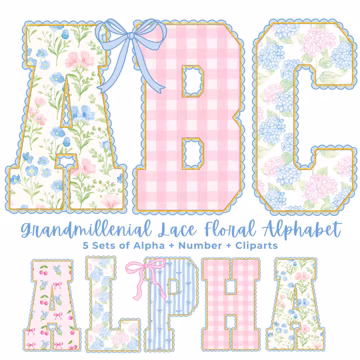 Grandmillennial PNG Alphabet Bundle, Floral Lace Alphabet, Preppy Pastel Letters, Vintage Floral Hand Lettered Alphabet, Coquette Alphabet
