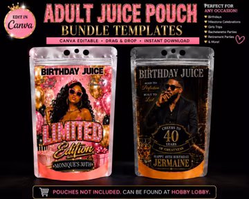 Adult Juice Pouch Templates | Birthday Party Favor Labels (Instant Download)