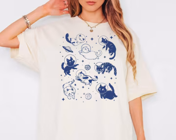 Cats in Space Shirt, Funny Cat Tshirt, Oversized Shirt, Aesthetic Graphic Retro Vintage T Shirt, Cat Lover Gift, Cat Tee, Trendy Cat Mom Tee