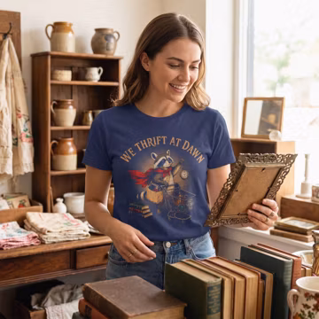 We Thrift At Dawn Shirt, Vintage Raccoon Thrift Store T-Shirt, Retro Thrifter Gift Tee, Cute Raccoon Shopping Cart Graphic Shirt