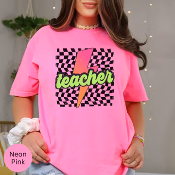 Neon Teacher Shirt, Comfort Colors Graphic Tee, Retro Teacher T-Shirt Checkered Lightning Bolt, Glow Day Shirt, Neon Day Tee