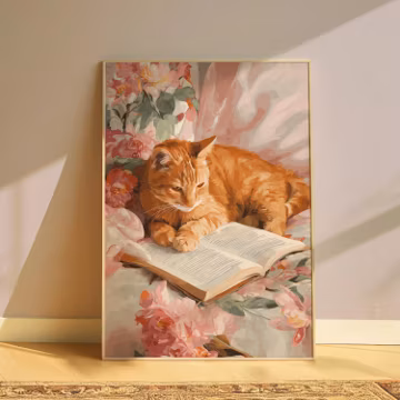 Reading Cat Wall Art • Orange Cat Print • Cozy Vintage Floral Decor • Book Lover Gift • Digital Download Illustration
