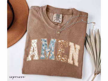 Amen Faux Quilted Shirt, Comfort Colors® Christian Patchwork Tee, Floral Cottagecore Faith Shirt, Church Gift For Women, Jesus Bible Verses