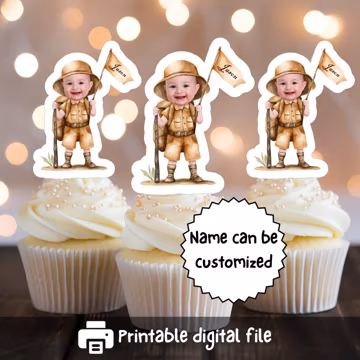 Custom Explorer Face Cupcake Toppers: Jungle Safari Party Decor (PDF)