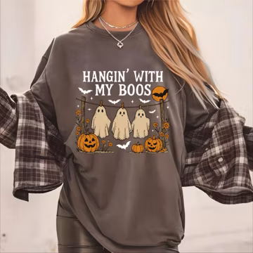 Funny Hanging Ghosts Halloween Shirt, Hangin’ With My Boos Shirt, Halloween Ghost Tee, Cute Pumpkin Bat Halloween Shirt, Halloween Gift