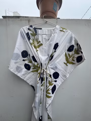 White Cotton Kaftan with Blue Flowers, Adjustable Maxi Dress Beachwear